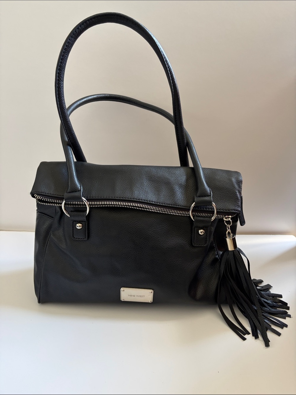 Nine West Black Shoulder Tote with Tassel Accent